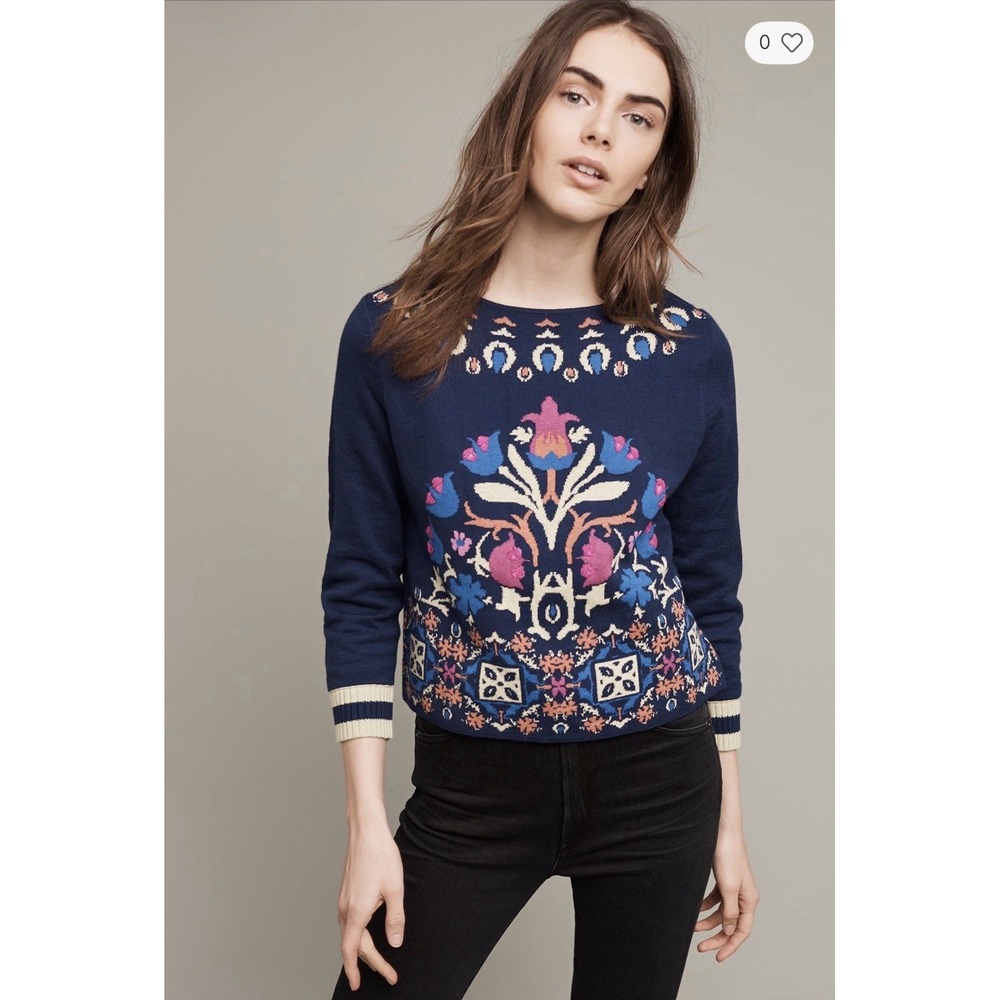 Anthropologie HWT Sweater Sz L Floral Intarsia 3/4 Sleeve Fair Isle Holiday